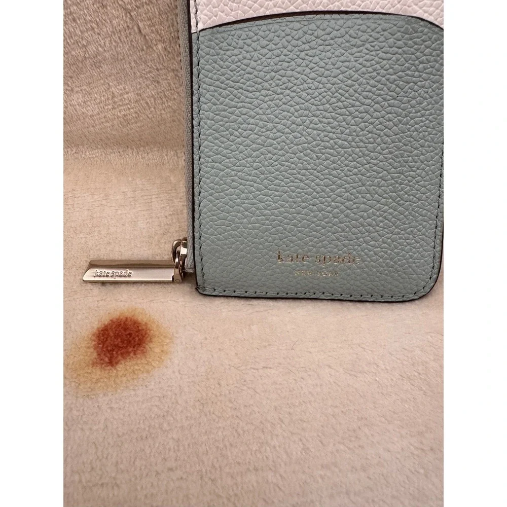 Kate Spade Margaux Zip Cardholder Leather Mint Blue White PWRU7159 Key Ring